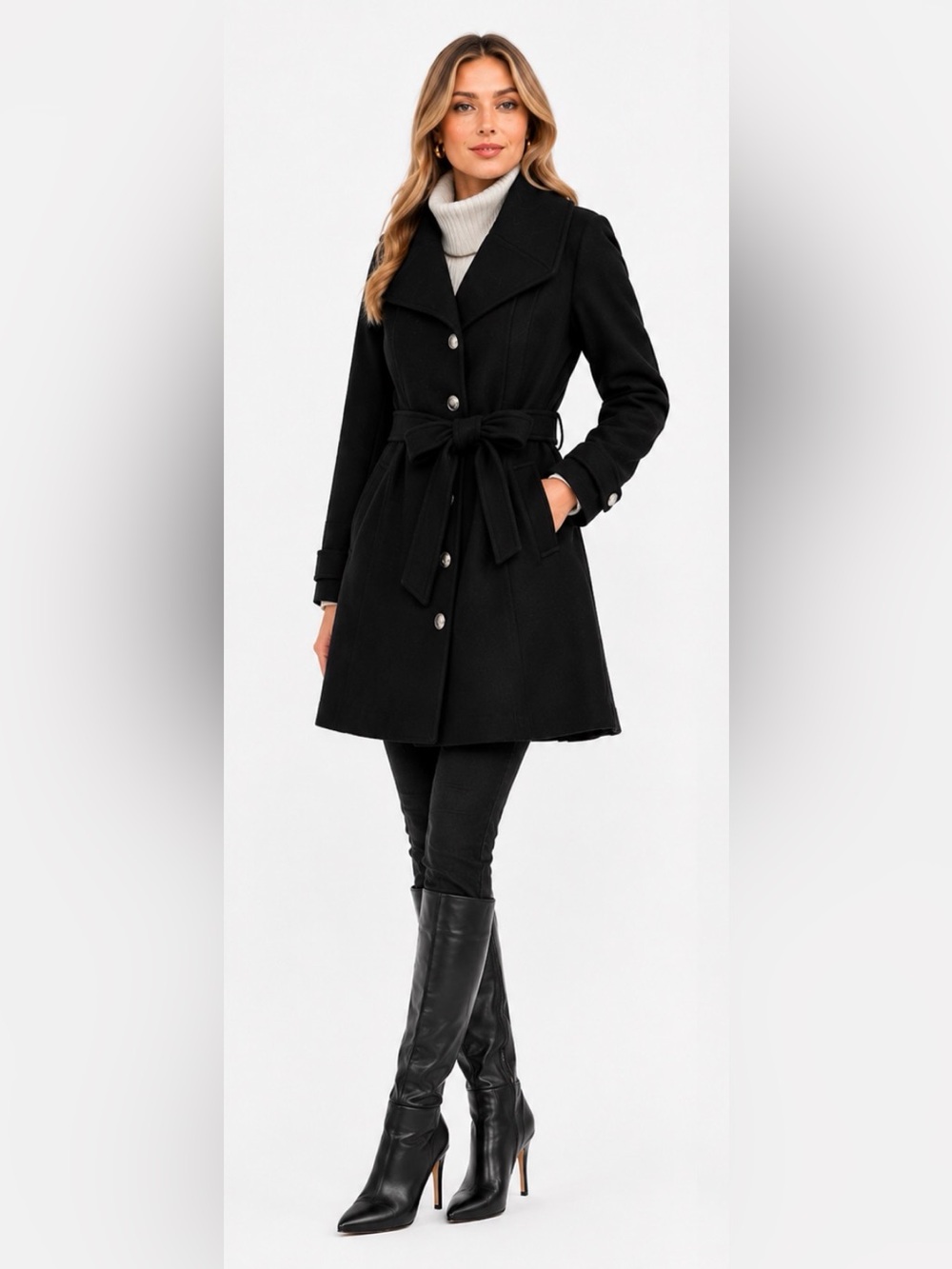 Black Women's Wool Coat with Belt